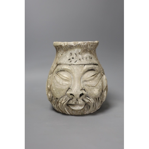 1352 - A carved alabaster twin face vase, signed,18 cms high,