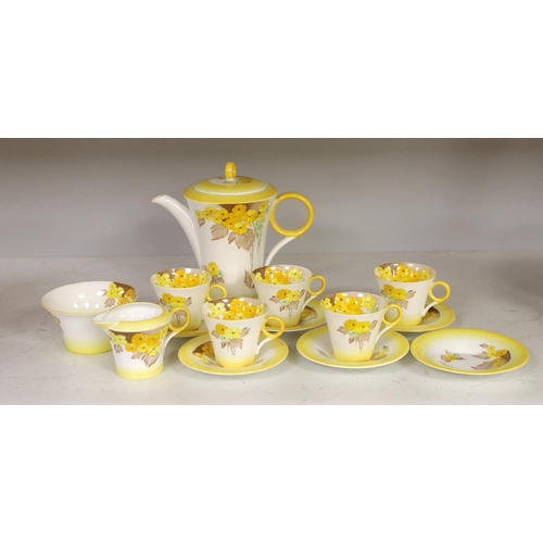 1357 - A Shelley Yellow Phlox, part tea service, one cup missing and one cup cracked,