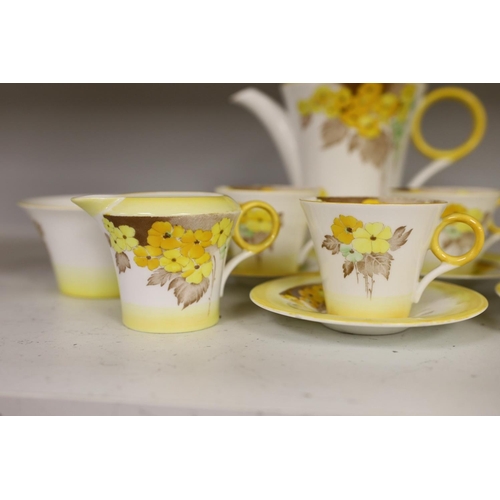 1357 - A Shelley Yellow Phlox, part tea service, one cup missing and one cup cracked,