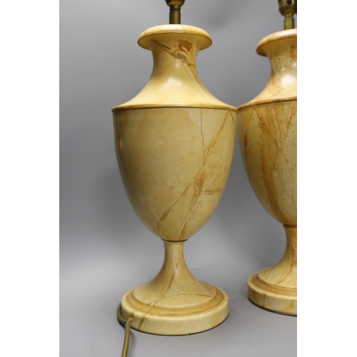 1364 - A pair of faux marble toleware style lamps,41 cms high not including fittings,