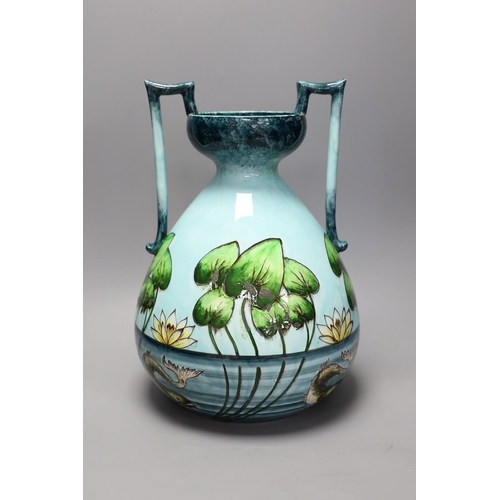 1367 - A Julius Dressler two handle lily pond pottery vase, 36cm high