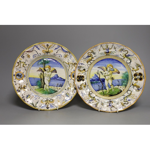 1382 - A pair of Italian maiolica plates, by Cantagalli, cockerel marks, 22cm diameter