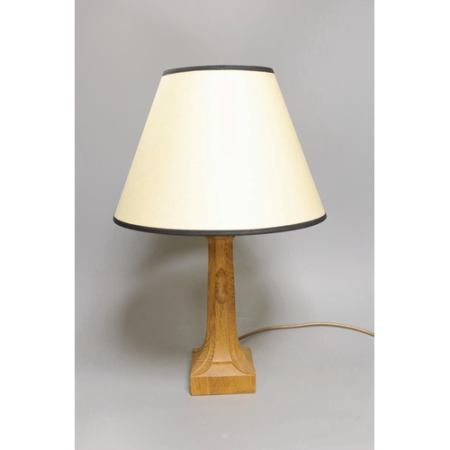 1383 - A carved oak Mouseman table lamp and shade, total height 45cm