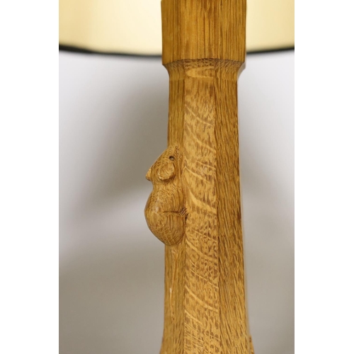 1383 - A carved oak Mouseman table lamp and shade, total height 45cm