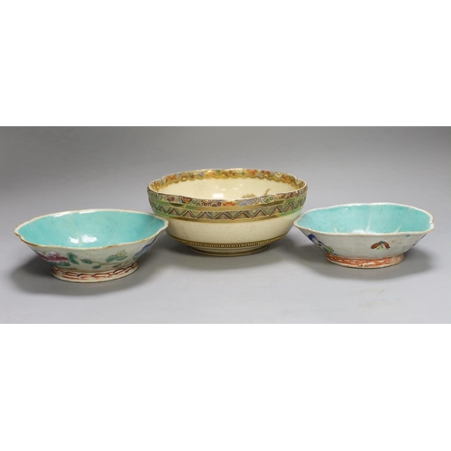 1394 - A Japanese Satsuma earthenware bowl, painted with a geisha and two Cantonese famille rose bowls (one... 