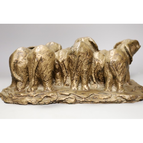 1405 - A bronzed terracotta elephant sculpture by Mary Lindon, 40cm wide,