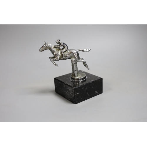 1418 - A chrome plated jockey car mascot on marble base, 14cm tall