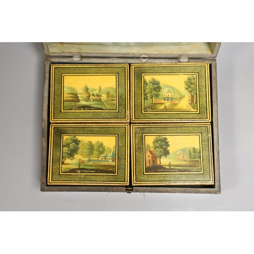 1440 - A 19th century Belgian stained sycamore box containing four counter boxes with named views, with mot... 