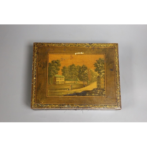 1440 - A 19th century Belgian stained sycamore box containing four counter boxes with named views, with mot... 