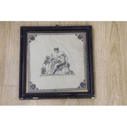 1446 - A framed Regency felt monochrome embroidered panel of a seated classical figure with cherub and dove... 