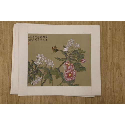 1448 - Chinese School, four paintings on silk, butterflies amid blossoming branches, 30 cm X 36 cm