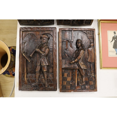 1451 - A set of four carved and stained pine figurative panels,39cms high x 23cms wide,