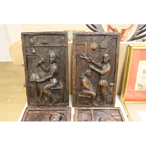 1451 - A set of four carved and stained pine figurative panels,39cms high x 23cms wide,