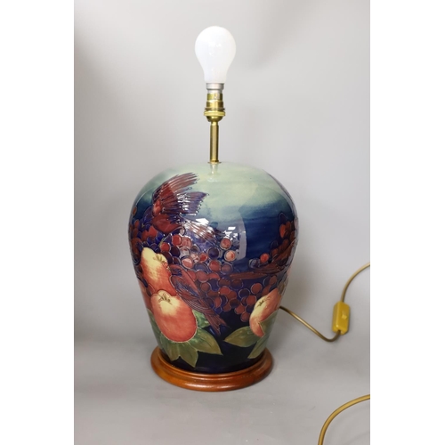 1467 - A Moorcroft pottery 'finches and fruit' vase lamp, 33cm to top of pottery