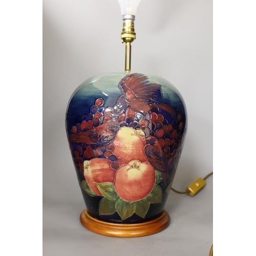 1467 - A Moorcroft pottery 'finches and fruit' vase lamp, 33cm to top of pottery