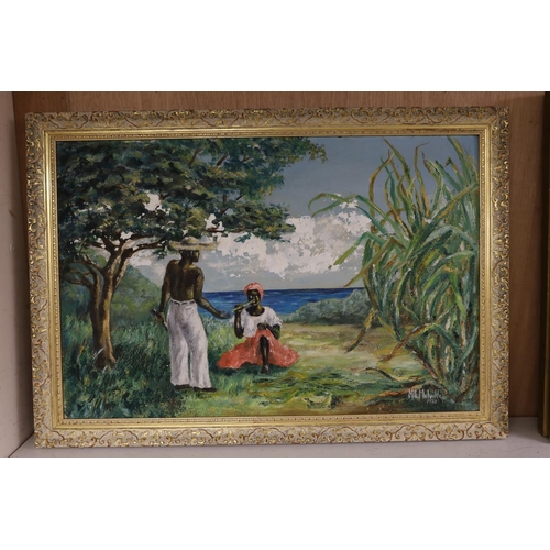 1554 - M. Melville, oil on board, Jamaican scene with figures beside the shore, signed and dated 1960, 40 x... 