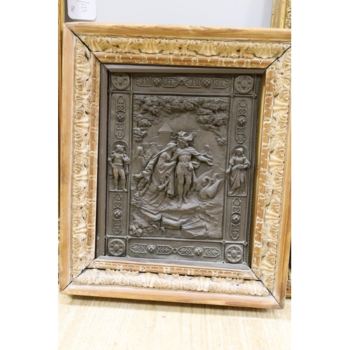 1565 - A 19th century giltwood and gesso picture frame, aperture 35 x 27cm, an embossed metal plaque and fi... 