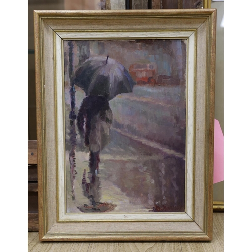 1569 - Marjorie Harris, oil on board, 'Rainy day in London', signed, 34 x 24cm