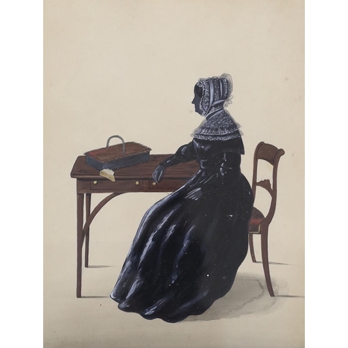 1580 - 19th century English School, two painted silhouettes, Full length profiles of lady's seated at a tab... 