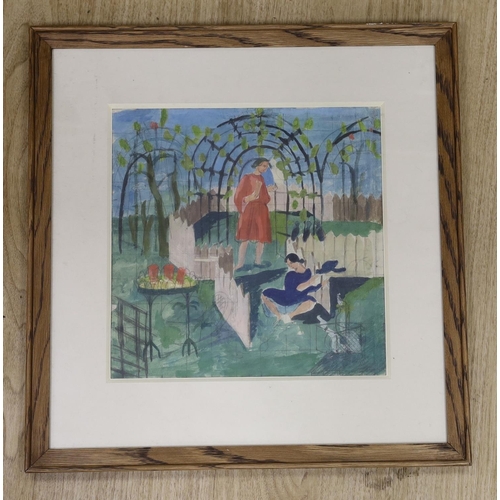 1587 - Barbara Jones (1912-1978), watercolour, Preparatory sketch of figures in a garden, 27 x 28cm