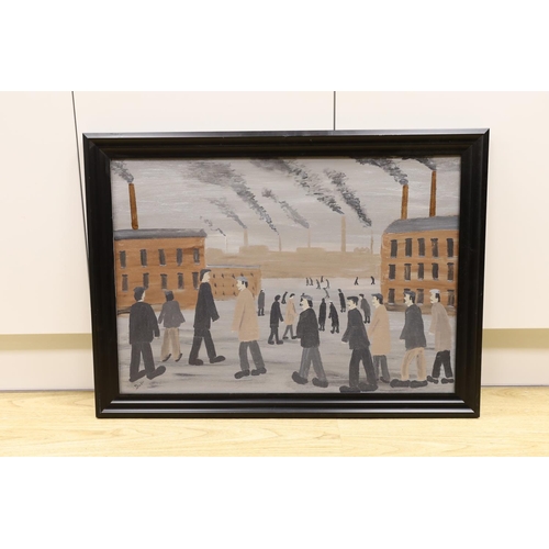 1597 - Vincent Dott, oil on board, 'The Workers', signed with artist label verso, 47 x 67cm