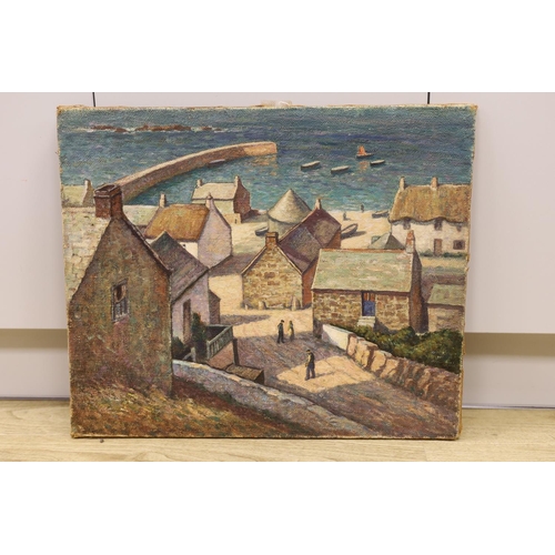 1599 - Early 20th century Continental School, oil on canvas, View of a fishing village, 51 x 61cm, unframed... 