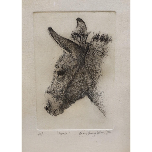 1600 - Ann Shingleton, etching, 'Donk', signed, 14 x 10cm, an Evelyn Thompson watercolour of Mid Dorset and... 