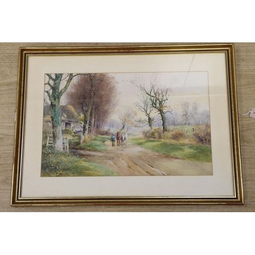 1603 - Henry Charles Fox (1860-1925), watercolour, Horses on a country lane, signed, 35 x 56cm