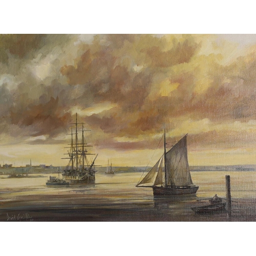 1618 - David Griffin (1952-2002), pair of oils on canvas, 'East Goodwin Lightship' and 'Shipping at sunset'... 