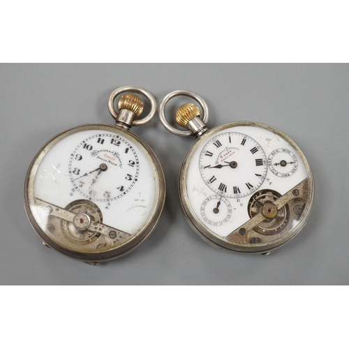 1940 - Two early 20th century silver Hebdomas open faced 8 day pocket watches, with one Hebdomas box.... 