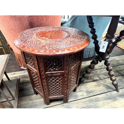 102 - A Victorian bobbin turned octagonal gypsy table, width 52cm, height 62cm together with a circular In... 