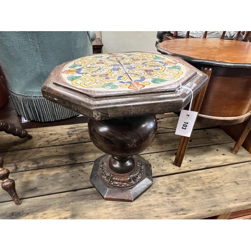 103 - An octagonal oak tile top occasional table, width 42cm, height 46cm and a circular oak work table... 