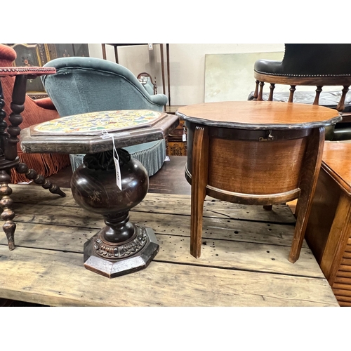 103 - An octagonal oak tile top occasional table, width 42cm, height 46cm and a circular oak work table... 