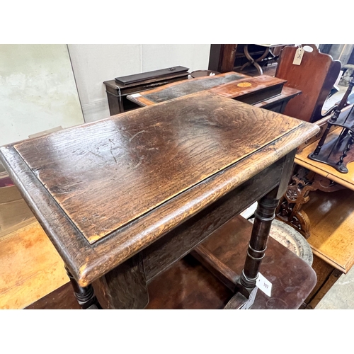 107 - A 17th century style oak joint stool, width 44cm, depth 26cm, height 54cm