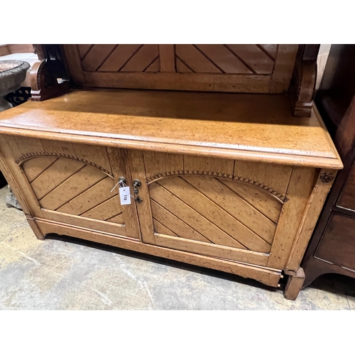 110 - A late Victorian light oak buffet, length 119cm, depth 52cm, height 129cm