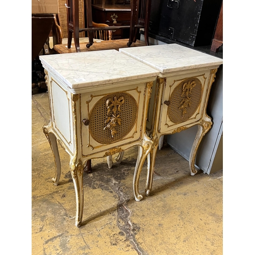 116 - A pair of French caned parcel gilt marbled topped bedside cabinets, width 44cm, depth 41cm, height 7... 