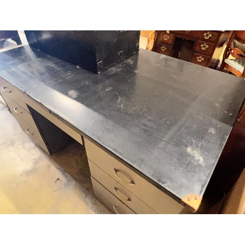 118 - An industrial style grey metal kneehole desk, length 152cm, depth 91cm, height 78cm