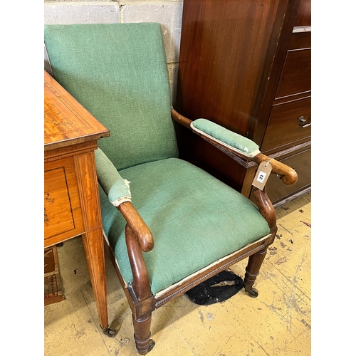 12 - An early Victorian mahogany framed upholstered open armchair, width 52cm, depth 70cm, height 84cm... 