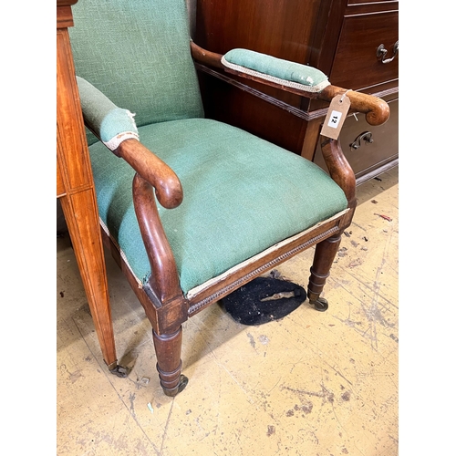 12 - An early Victorian mahogany framed upholstered open armchair, width 52cm, depth 70cm, height 84cm... 