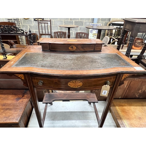 123 - An Edwardian inlaid rosewood writing table, width 76cm, depth 46cm, height 71cm