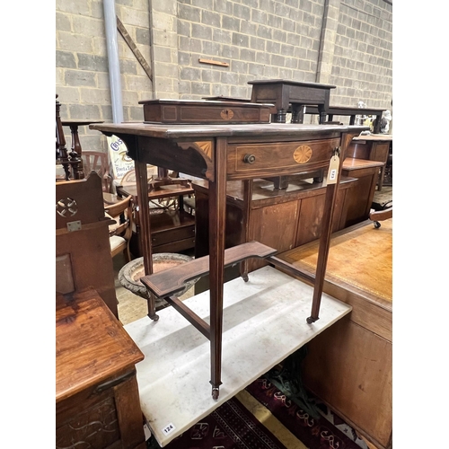 123 - An Edwardian inlaid rosewood writing table, width 76cm, depth 46cm, height 71cm