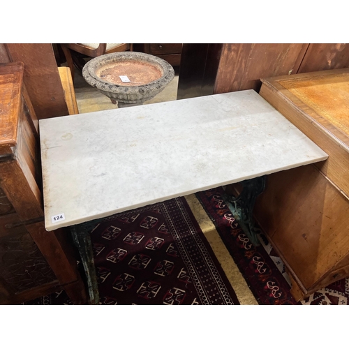 124 - A rectangular marble top cast iron garden table, length 91cm, width 48cm, height 70cm