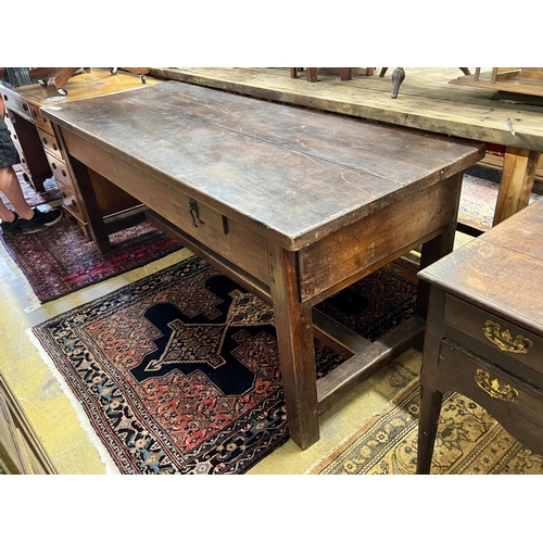 129 - A 19th century French plank top rectangular extending kitchen table, length 190cm, width 72cm, heigh... 