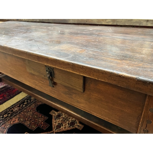 129 - A 19th century French plank top rectangular extending kitchen table, length 190cm, width 72cm, heigh... 