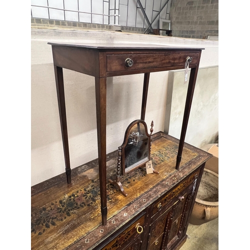 145 - A George III mahogany side table, width 64cm, depth 36cm, height 75cm and a Victorian bobbin turned ... 