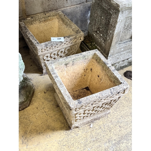 165 - A pair of small reconstituted stone square garden planters, width 30cm, height 25cm