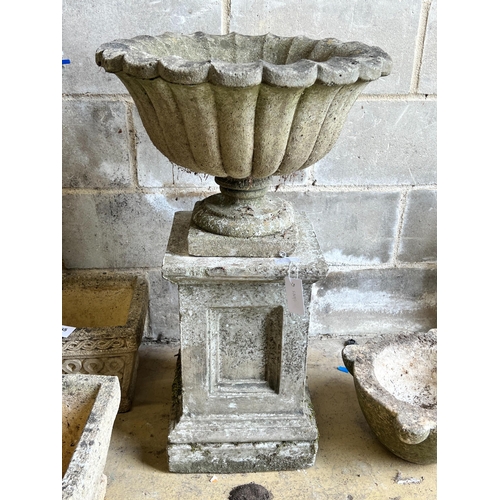 166 - A reconstituted stone campana garden urn on square plinth, diameter 49cm, height 82cm