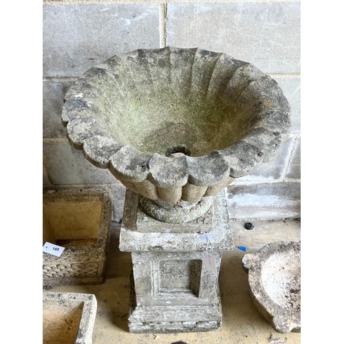 166 - A reconstituted stone campana garden urn on square plinth, diameter 49cm, height 82cm