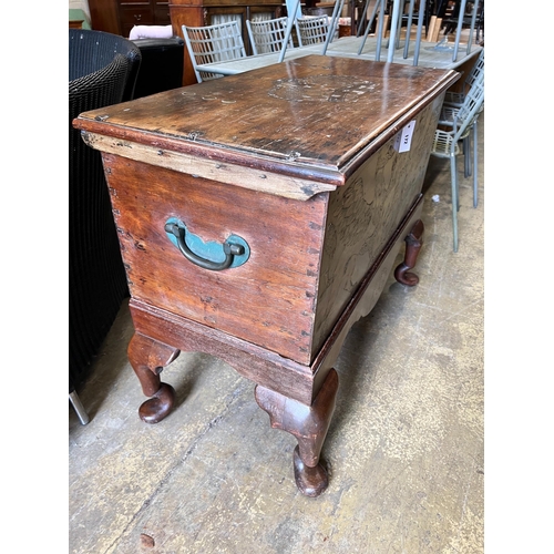 172 - An 18th century and later inlaid walnut coffer on stand, length 112cm, depth 53cm, height 84cm... 