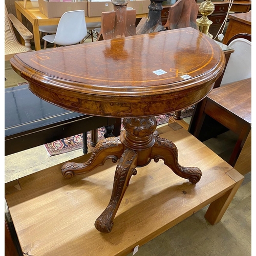 177 - A mid Victorian tulip banded burr walnut 'D' shaped folding card table width 92cm, depth 45 cm, heig... 